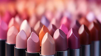 Collection of lipsticks in varying shades of pink, mauve, coral, and burgundy arranged in rows