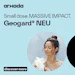 Geogard NEU skincare product advertisement showing woman applying lotion with tagline 'Small dose. MASSIVE IMPACT'