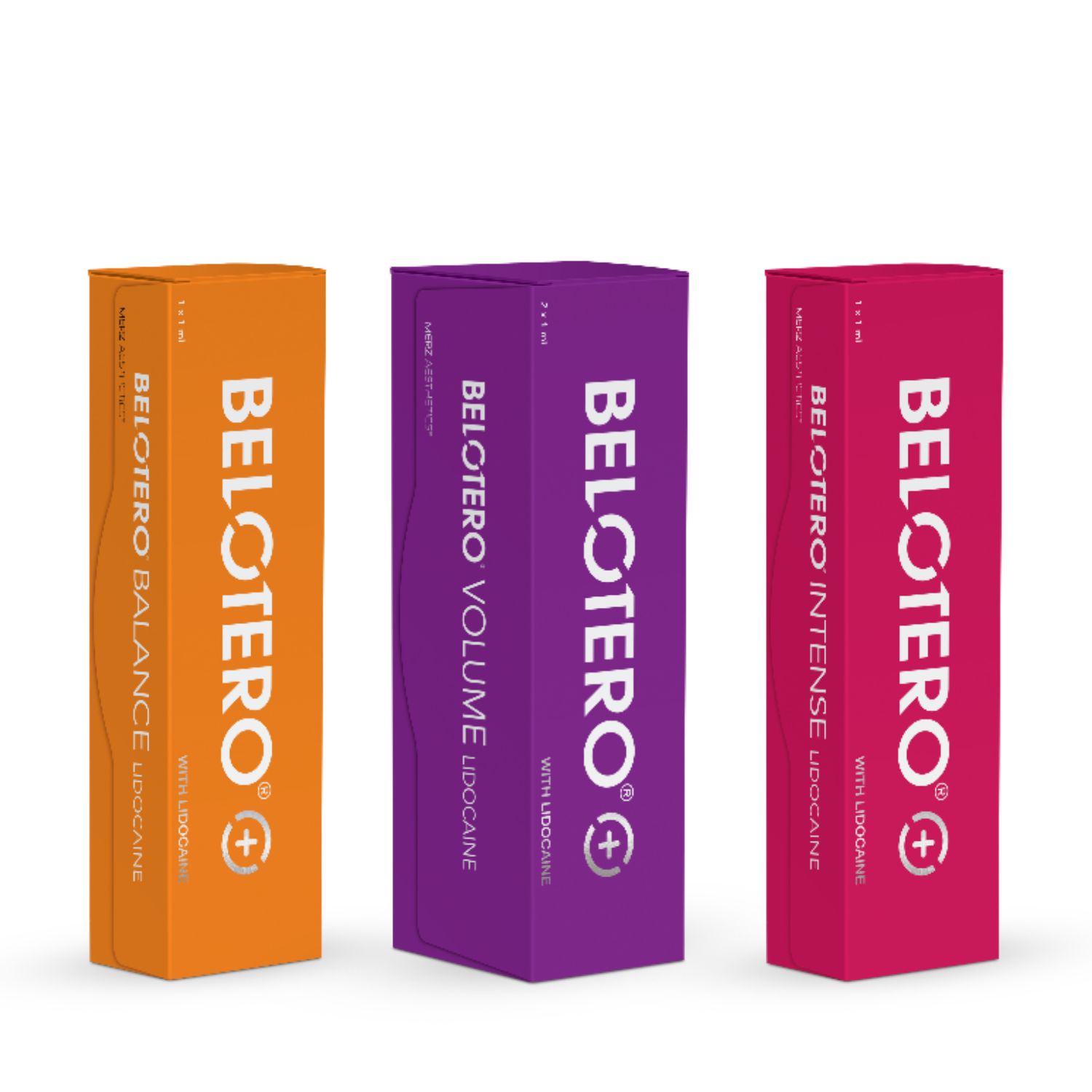 Three Beltoro skincare product boxes in orange, purple, and pink displaying Balance, Volume, and Intense Hydrocaine formulas