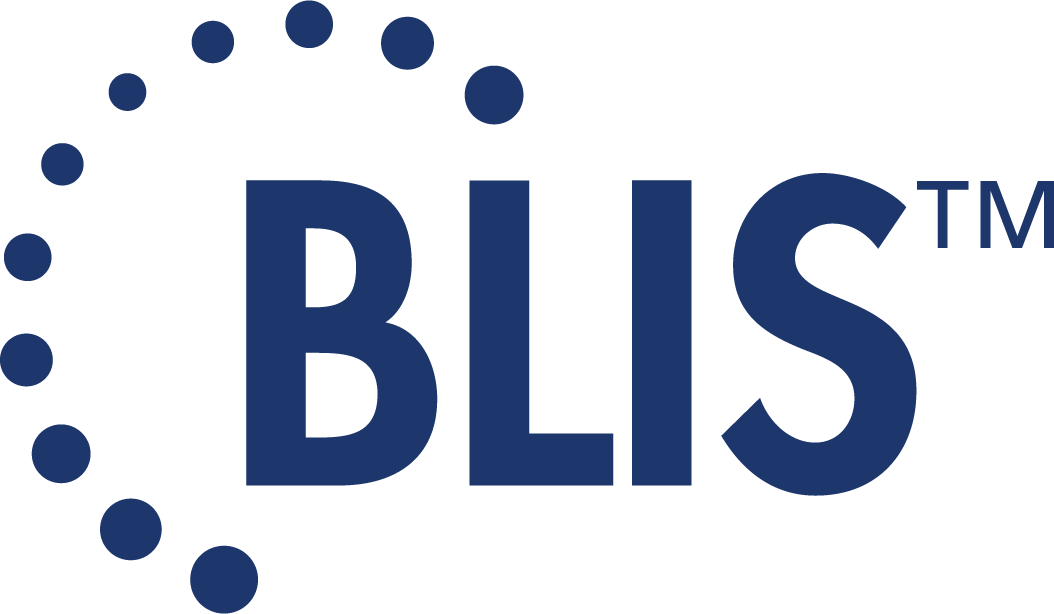 BLIS logo with navy blue text and decorative circular dot arc design
