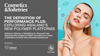 Ashland cosmetics and toiletries podcast cover featuring skincare product innovation discussion with woman applying facial treatment
