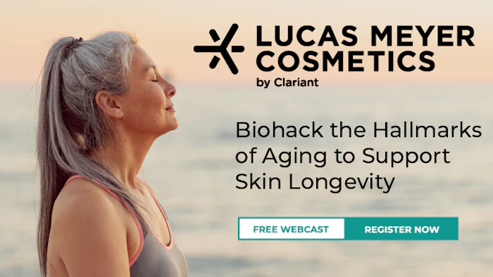 Mature woman in profile against ocean backdrop with Lucas Meyer Cosmetics logo and webcast registration for anti-aging skincare