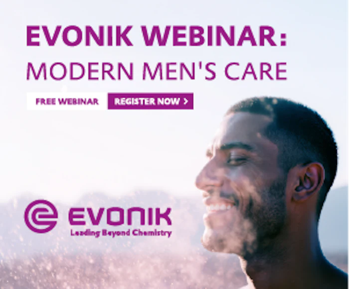 Evonik webinar advertisement for Modern Men's Care featuring male model and register button