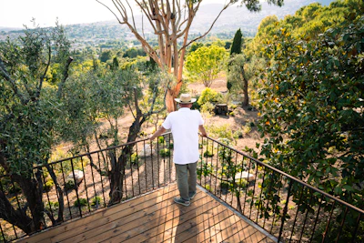 Person in white shirt standing on wooden deck overlooking lush green valley with trees and distant mountains