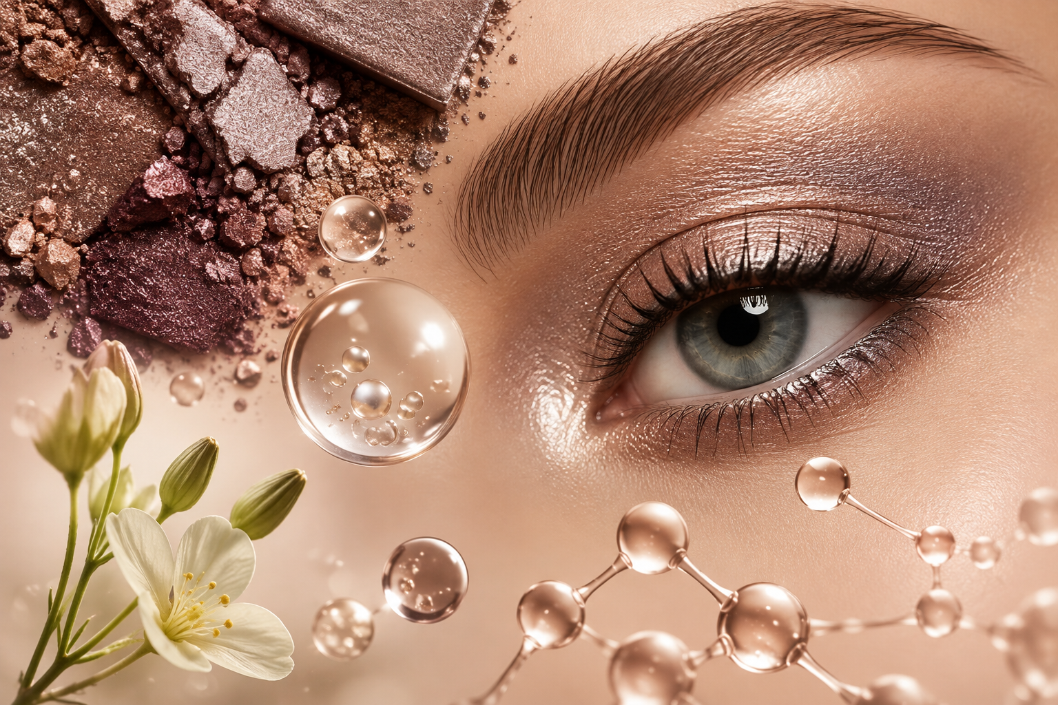 Close-up of eye makeup with crushed eyeshadow powder, water droplets, and white flowers in a beauty product composition