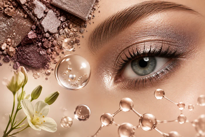Close-up of eye makeup with crushed eyeshadow powder, water droplets, and white flowers in a beauty product composition