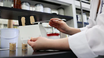 Scientist examining foundation or cosmetic color swatches with brush in laboratory setting