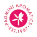 Padmini Aromatics logo featuring a white four-petaled flower in a magenta circle with circular text established 1987