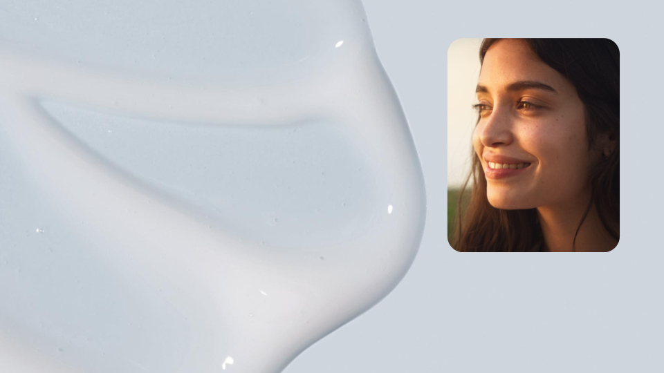 Smiling woman with warm natural lighting beside abstract white curved design element