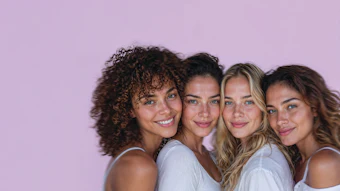 Four smiling young women posing together against a purple background in casual white clothing