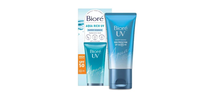 Bioré Aqua Rich UV sunscreen SPF 50 product bottles and packaging display