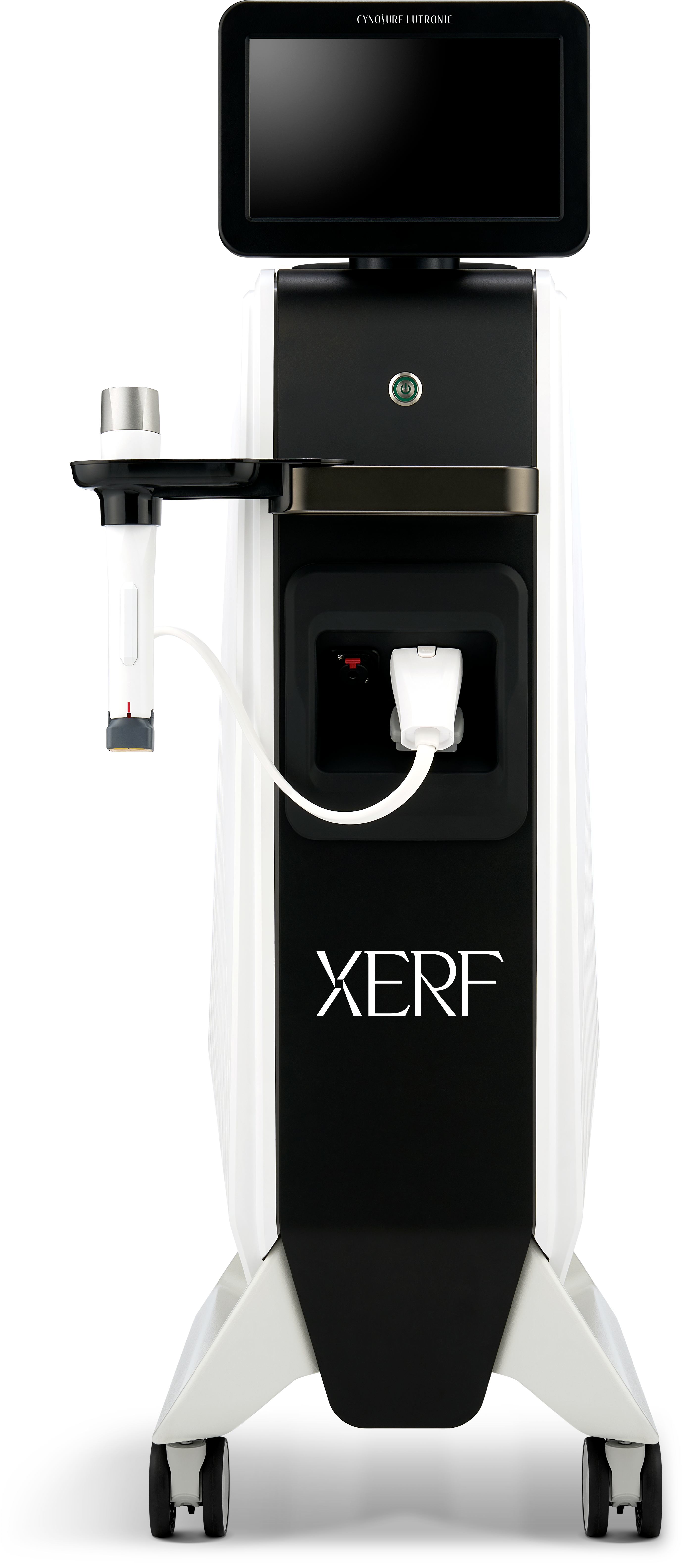 XERF aesthetic treatment device with touchscreen display and white base on wheels