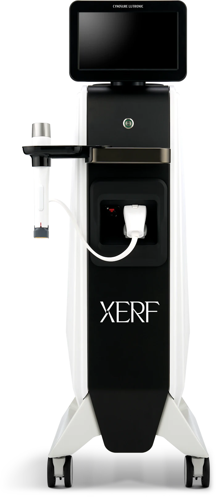 XERF aesthetic treatment device with touchscreen display and white base on wheels