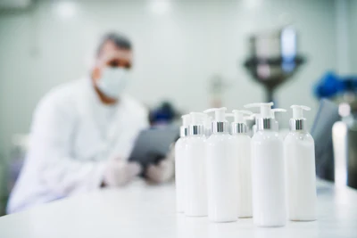 White pump bottles arranged in laboratory with healthcare professional in background