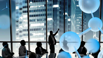Business professionals in silhouette meeting in a modern office with city views and blue spherical design elements