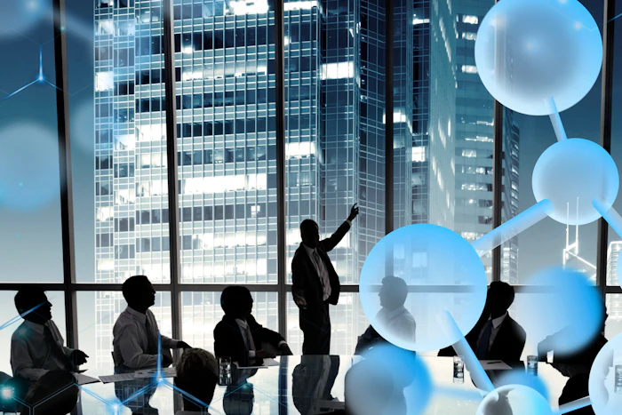 Business professionals in silhouette meeting in a modern office with city views and blue spherical design elements