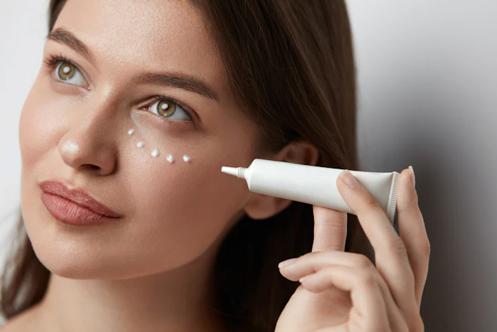 Woman applying eye cream or serum with a white tube applicator to under-eye area of face