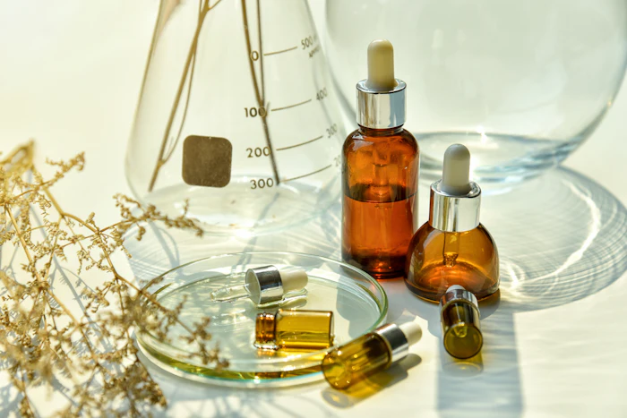Amber glass dropper bottles with essential oils or serums arranged with laboratory beakers, dried flowers, and measurement scales on white surface
