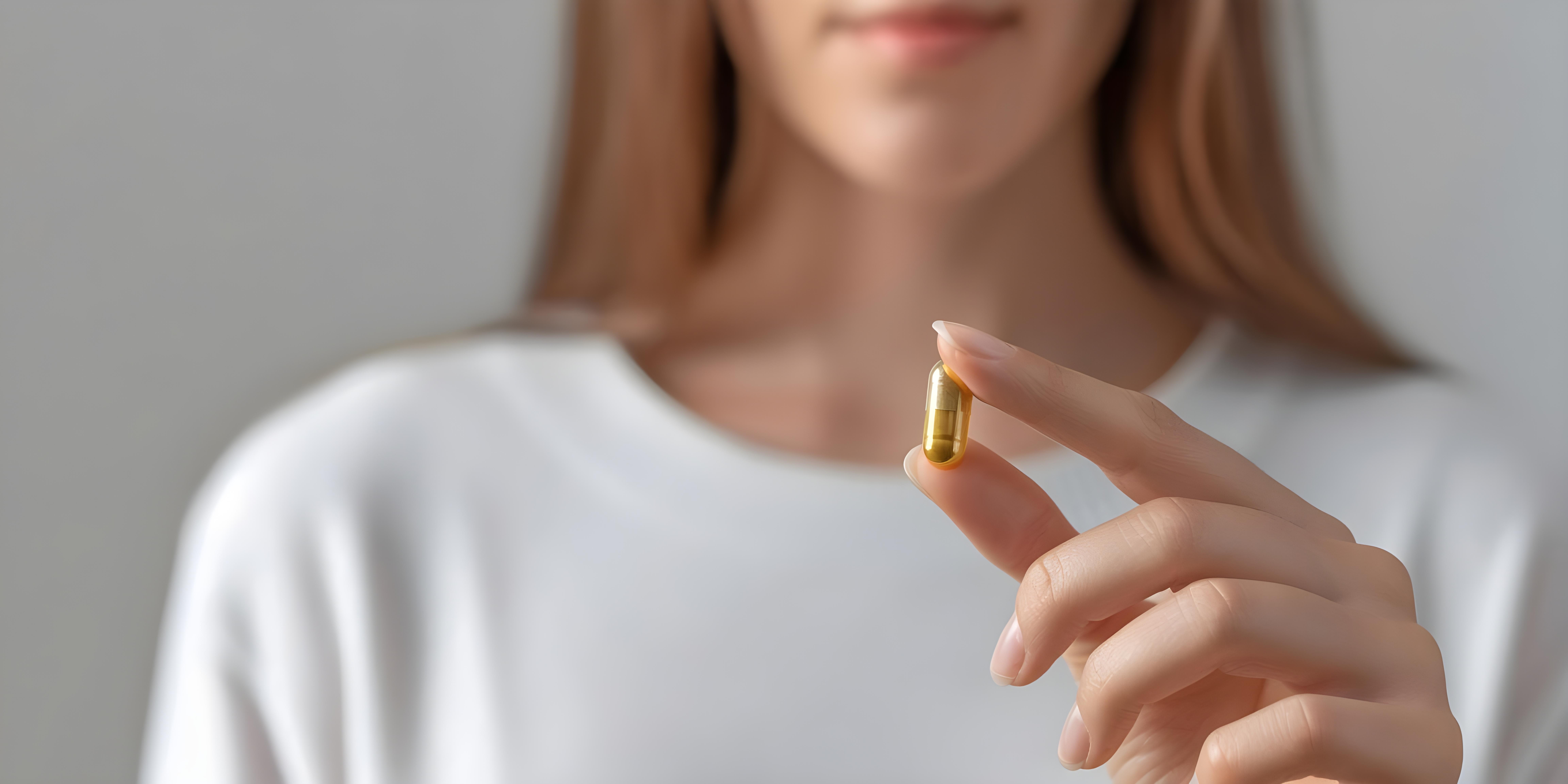 Woman in white shirt holding a gold and white vitamin capsule
