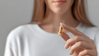 Woman in white shirt holding a gold and white vitamin capsule