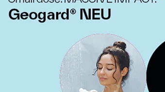 Geogard NEU skincare product advertisement featuring woman in shower with text 'Small dose. MASSIVE IMPACT.'