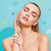 Young woman touching her face with closed eyes against blue background with skincare icons