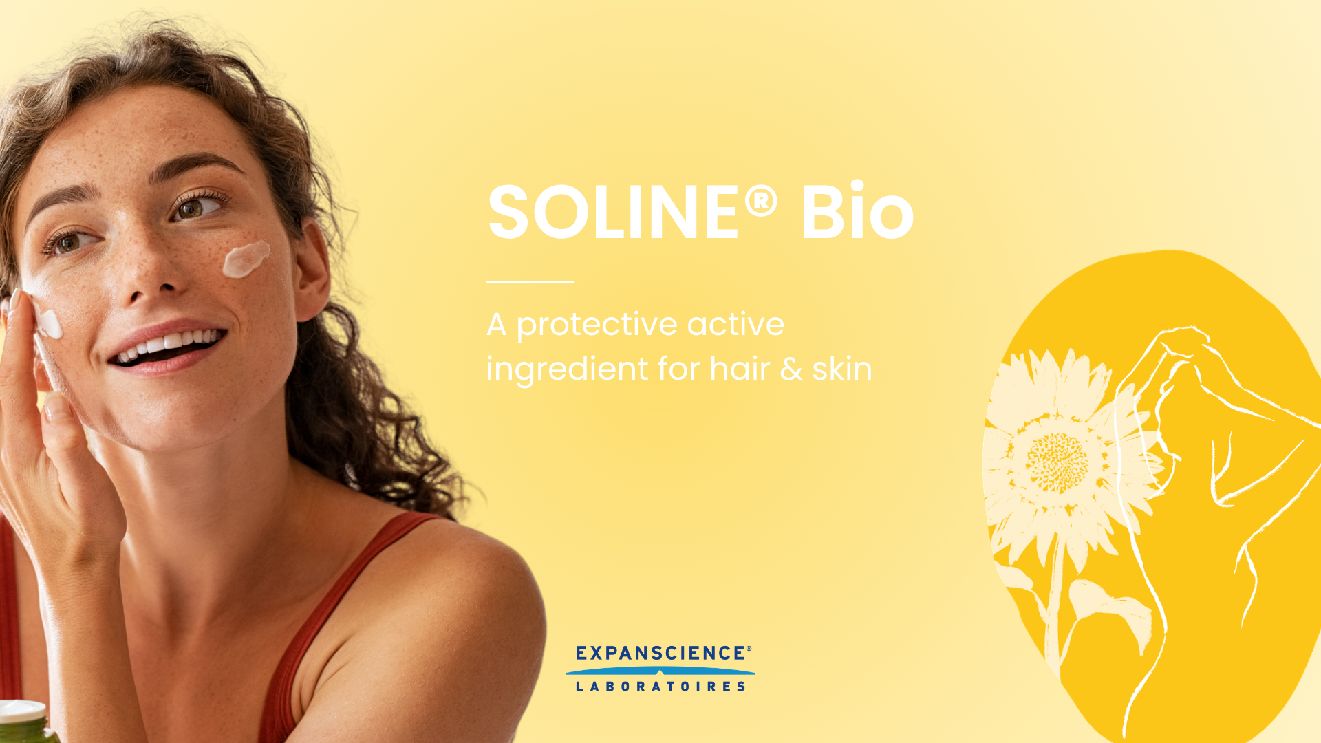 Woman applying SOLINE® Bio skincare with sunflower illustration on yellow background