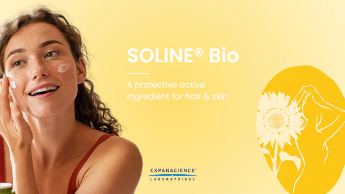 Woman applying SOLINE® Bio skincare with sunflower illustration on yellow background