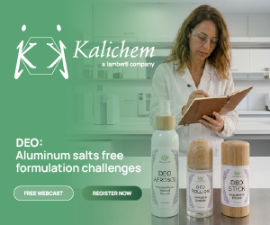 Kalichem skincare brand advertisement featuring woman with tablet and aluminum salt-free formulation products