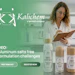 Kalichem skincare brand advertisement featuring woman with tablet and aluminum salt-free formulation products