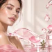 Woman with glowing skin next to luxury rose gold skincare cream jar with pink petals and water droplets