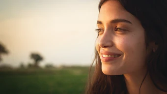 Woman smiling outdoors at sunset with blurred green field in background
