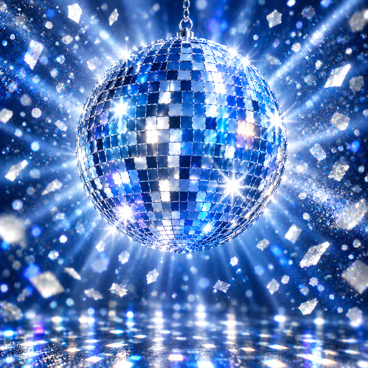 Glowing blue and silver disco ball with radiating light and sparkles on blue background