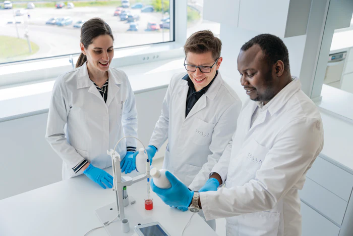 Three scientists in white lab coats conducting research with laboratory equipment and samples in a modern laboratory setting with large windows.